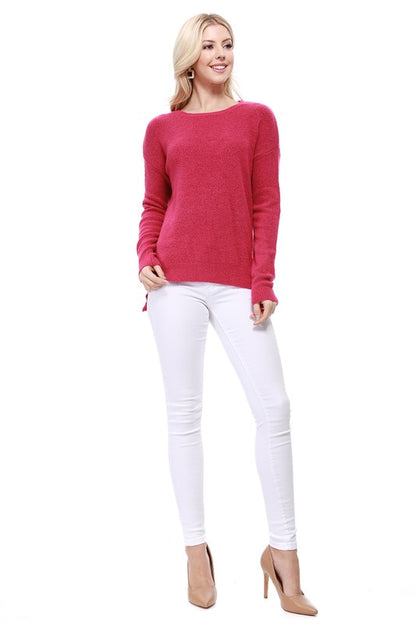 Crew-neck Knit Pullover Sweater with Side Slit