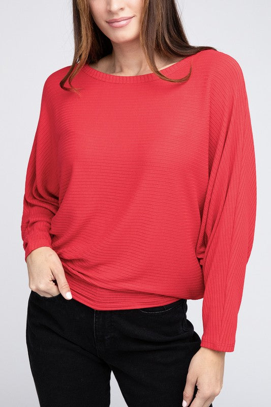 Ribbed Batwing Long Sleeve Boat Neck Sweater