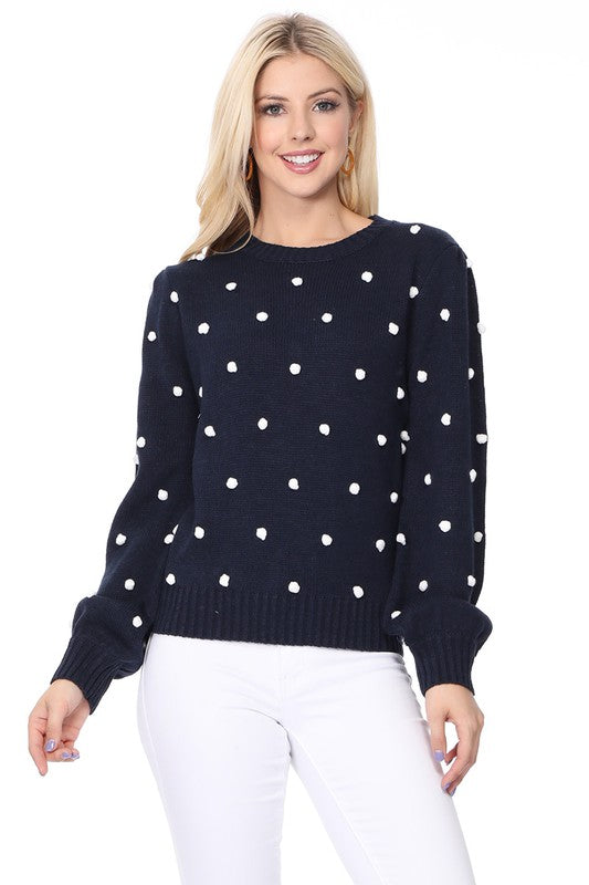 Pom Pom Crochet Polka Dot Round Neck Sweater Top