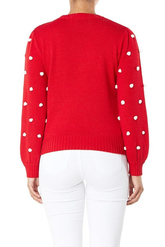 Pom Pom Crochet Polka Dot Round Neck Sweater Top