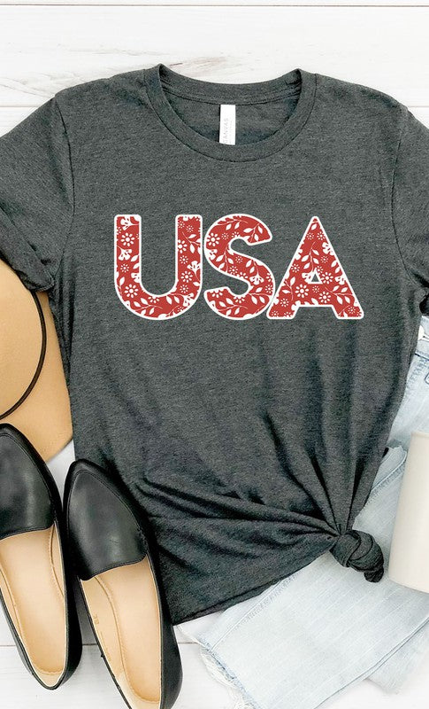 Red and White Floral USA PLUS SIZE Graphic Tee