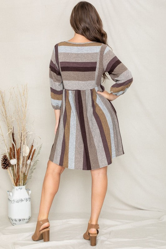 Mix Stripe Balloon Sleeve Midi Dress