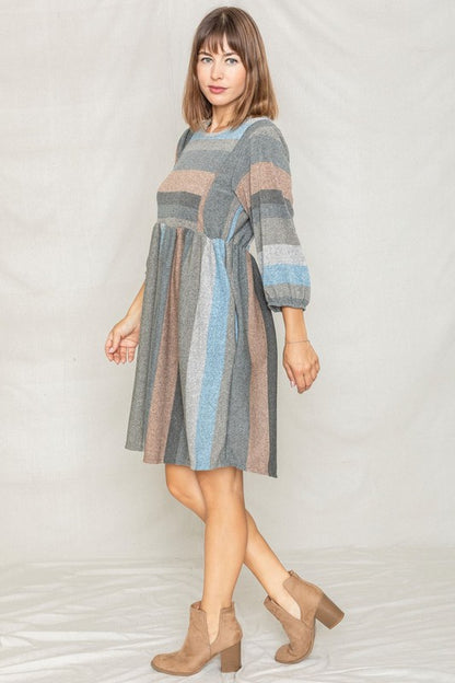 Mix Stripe Balloon Sleeve Midi Dress