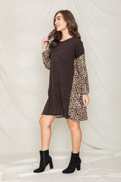 Plus Bishop Sleeve Leopard Print Color Block Dress