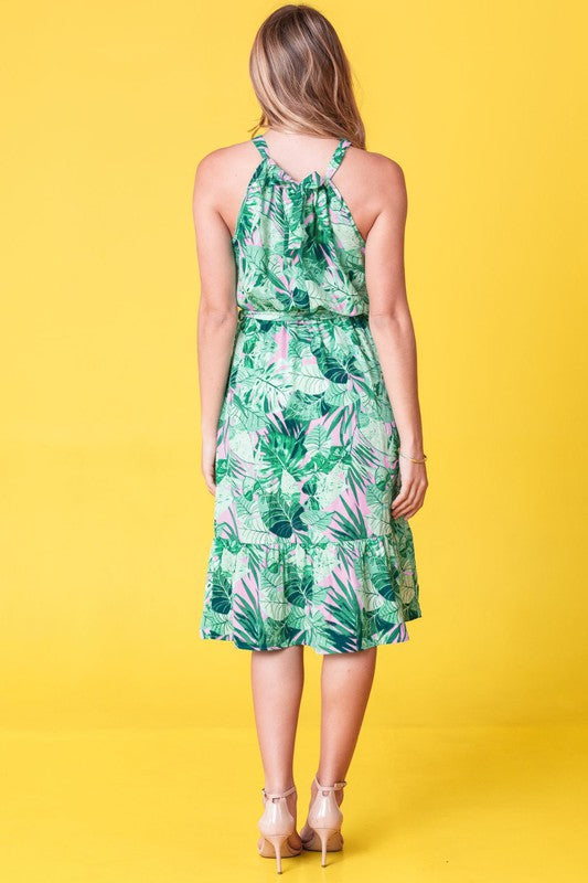 Halter Neck Tropical Sash Dress