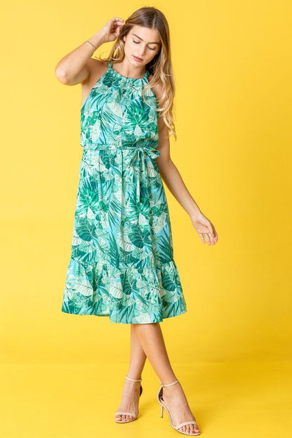 Halter Neck Tropical Sash Dress