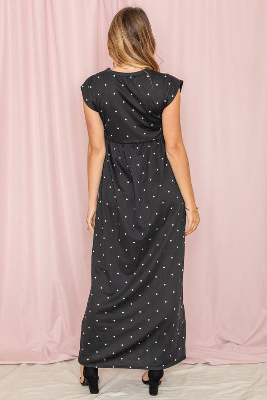 Polka Dot Folded Cap Sleeve Maxi Dress