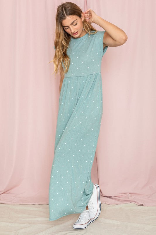 Polka Dot Folded Cap Sleeve Maxi Dress