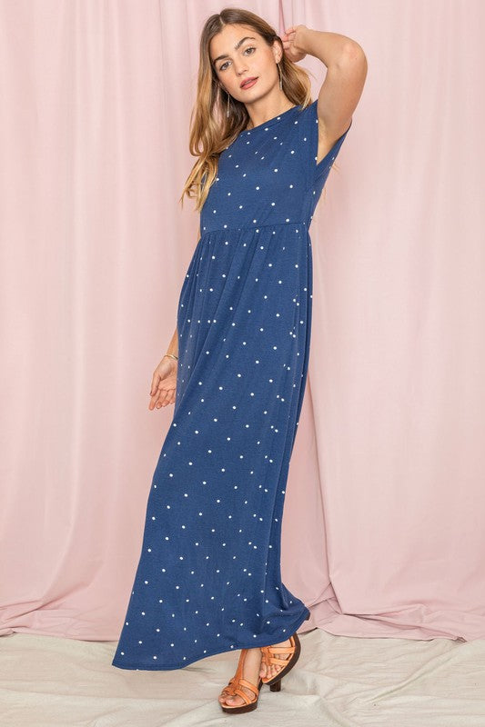 Polka Dot Folded Cap Sleeve Maxi Dress