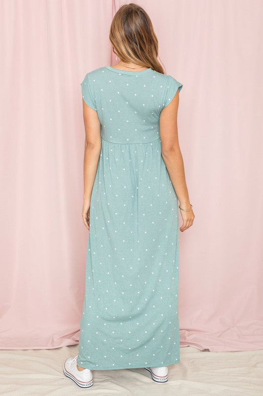 Polka Dot Folded Cap Sleeve Maxi Dress