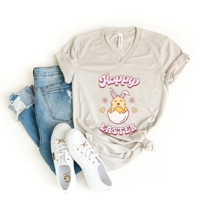 Hoppy Easter Chick Colorful Graphic V-Neck