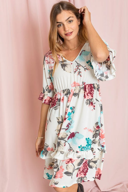 Floral V Neck Ruffle Dress