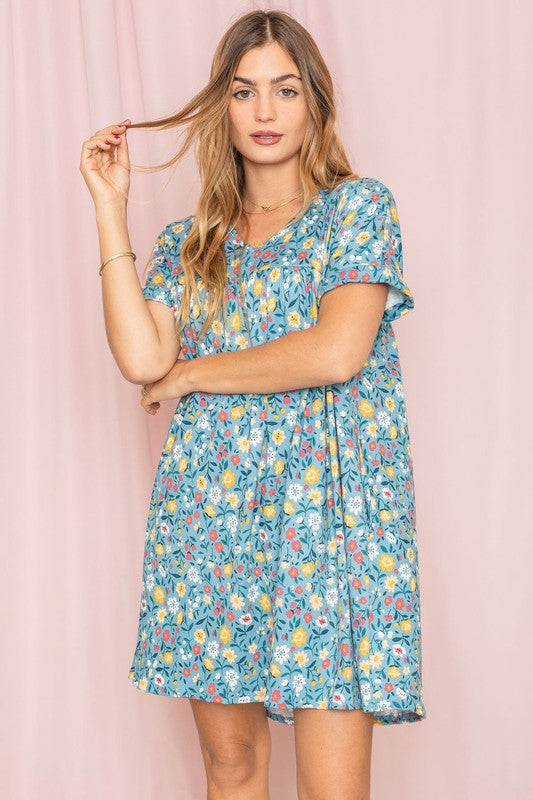 V-Neck Floral Baby Doll Dress