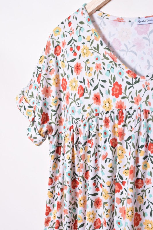 V-Neck Floral Baby Doll Dress