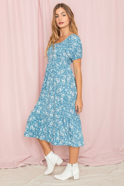 Floral Square Neck Puff Sleeve Boho Dress