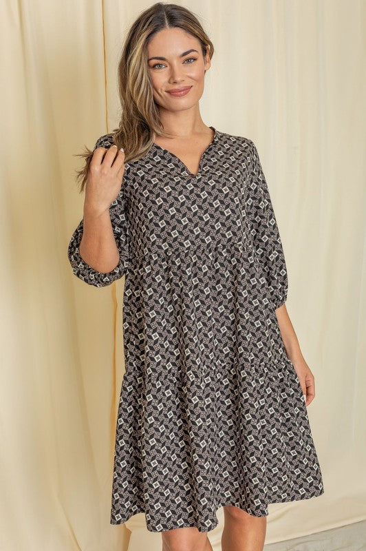 Plus Square Print Notch Neck Midi Dress