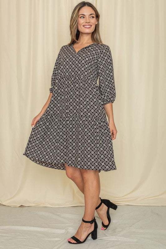 Plus Square Print Notch Neck Midi Dress