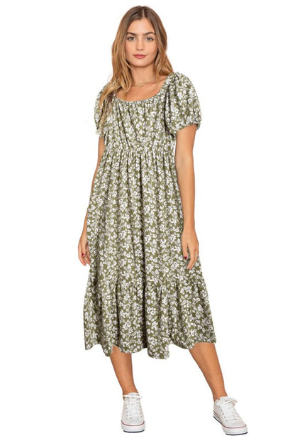 Paisley Floral Square Neck Puff Sleeve Boho Dress