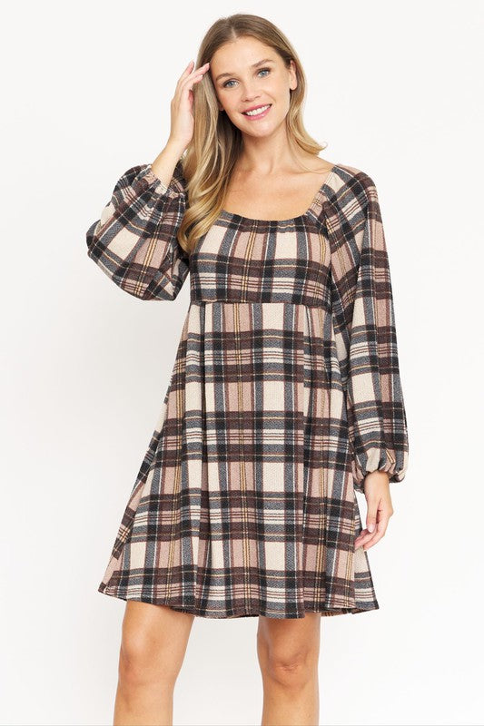 Plus Plaid Balloon Sleeve Midi Dress