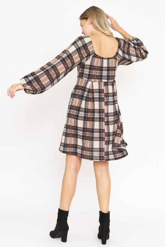 Plus Plaid Balloon Sleeve Midi Dress