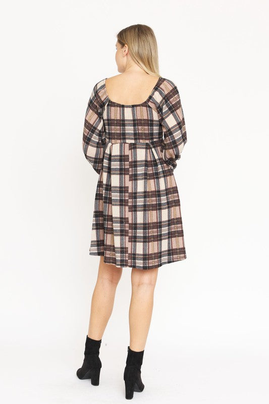 Plus Plaid Balloon Sleeve Midi Dress