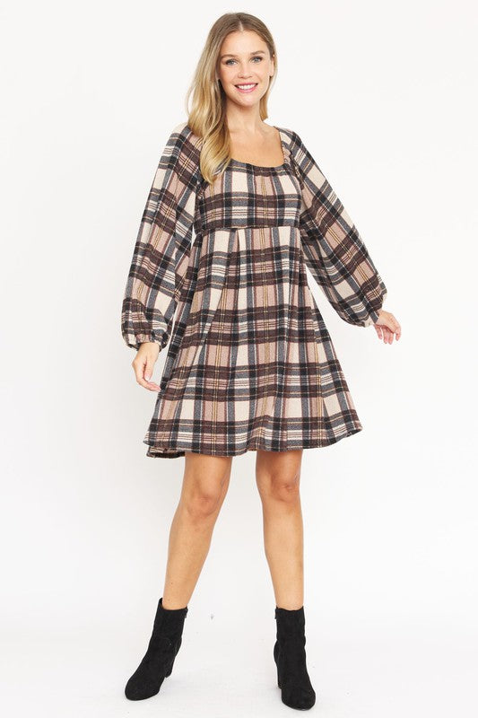 Plus Plaid Balloon Sleeve Midi Dress