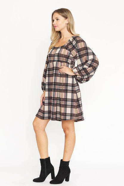 Plus Plaid Balloon Sleeve Midi Dress