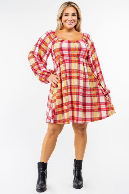 Plus Plaid Balloon Sleeve Midi Dress