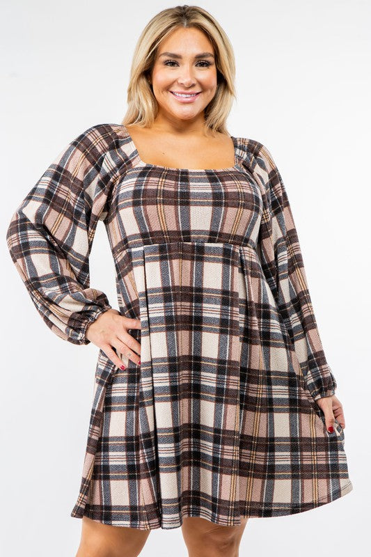 Plus Plaid Balloon Sleeve Midi Dress