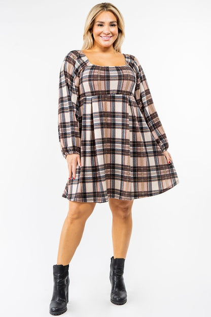 Plus Plaid Balloon Sleeve Midi Dress