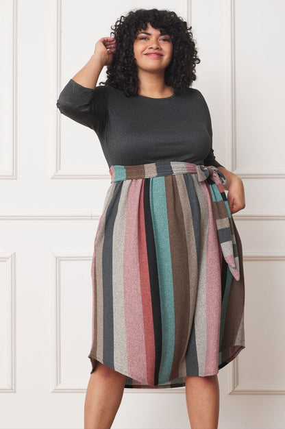 Plus Quarter Sleeve, Stripe Sash Midi Dress