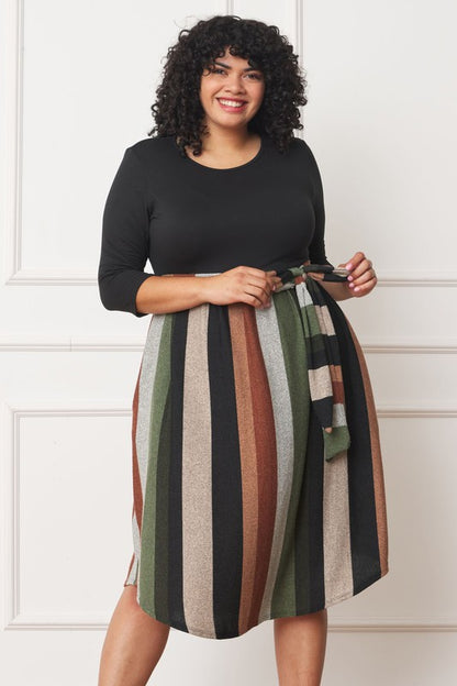 Plus Quarter Sleeve, Stripe Sash Midi Dress