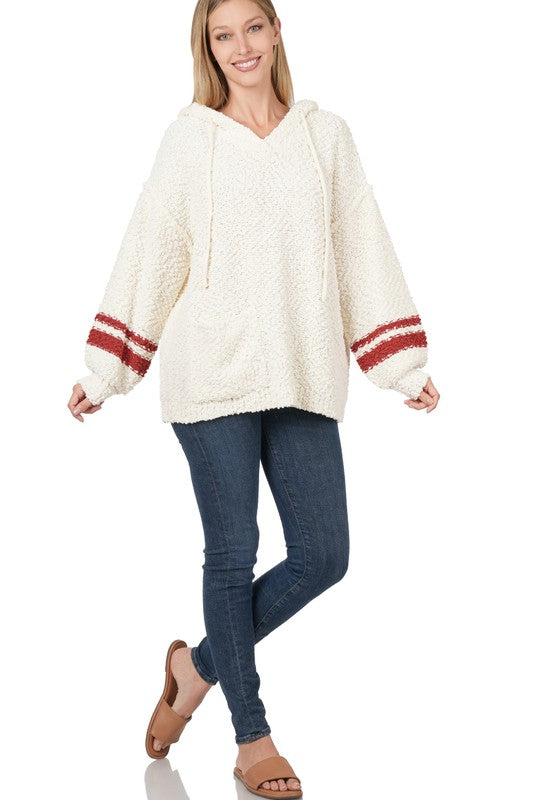 Hooded Front Pocket Popcorn Sweater