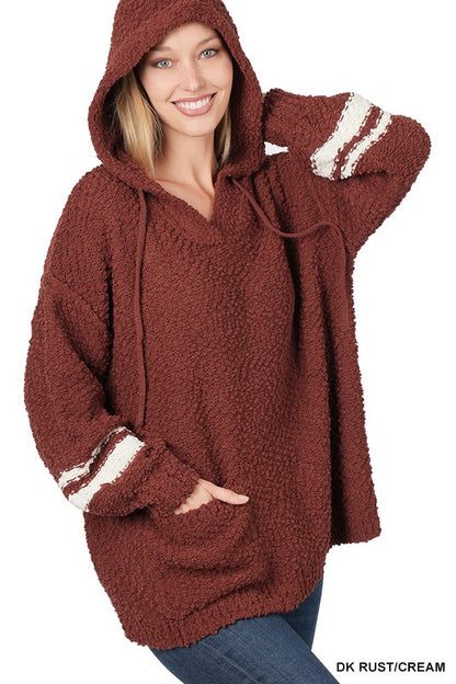 Hooded Front Pocket Popcorn Sweater