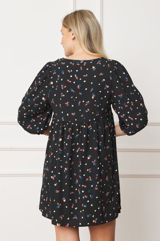 Abstract Polka Dot Bishop Sleeve Mini Dress