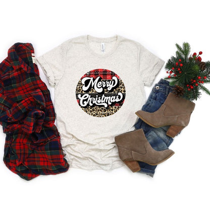 Buffalo Plaid Leopard Merry Christmas Short Sleeve