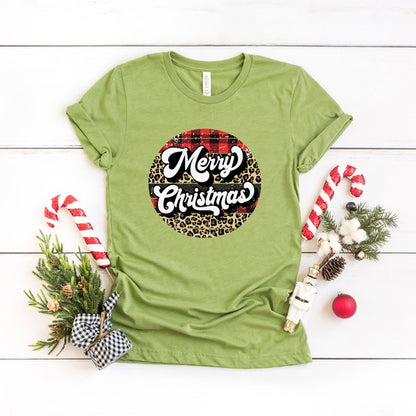 Buffalo Plaid Leopard Merry Christmas Short Sleeve