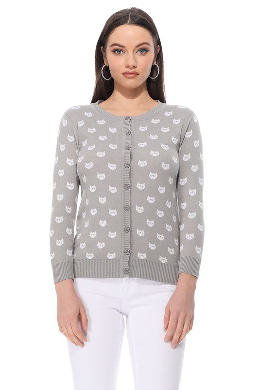 Round Neck Cat Patterned Cardigan Sweater