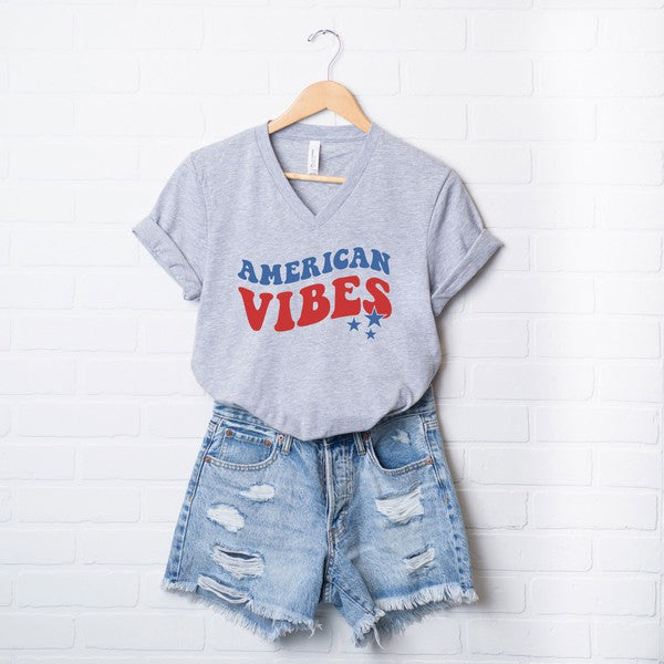 American Vibes Wavy Stars Graphic V-Neck Tee