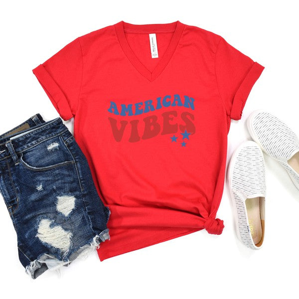 American Vibes Wavy Stars Graphic V-Neck Tee