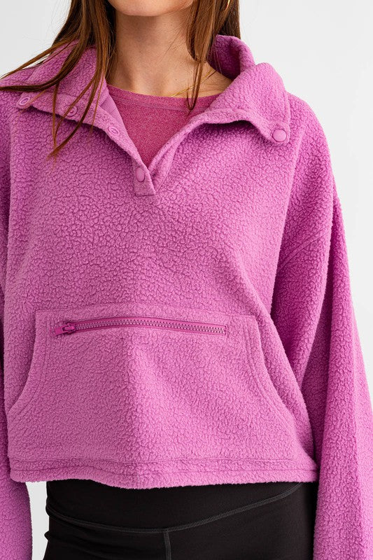 Pocket Detail Boxy Fleece Pullover Sweater