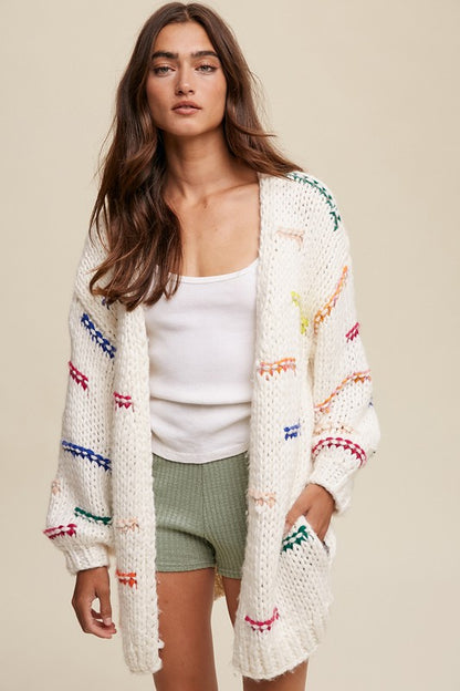 Hand Crochet Knit Stripe Design Open Cardigan