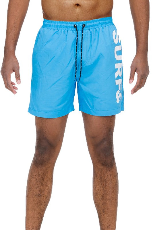 Solid Lined Beach Swim Text Swim Shorts