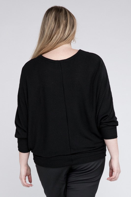 Plus Ribbed Batwing Long Sleeve Boat Neck Sweater