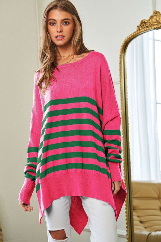 Multi Striped Elbow Patch Loose Fit Sweater Top