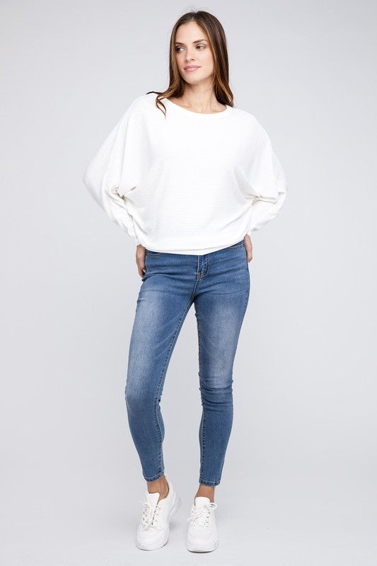 Ribbed Batwing Long Sleeve Boat Neck Sweater