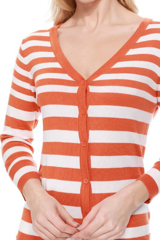 V Neck Striped Spandex Sweater Cardigan