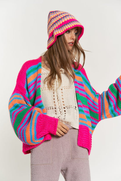 Chunky Knit Multi-Striped Open Sweater Cardigan