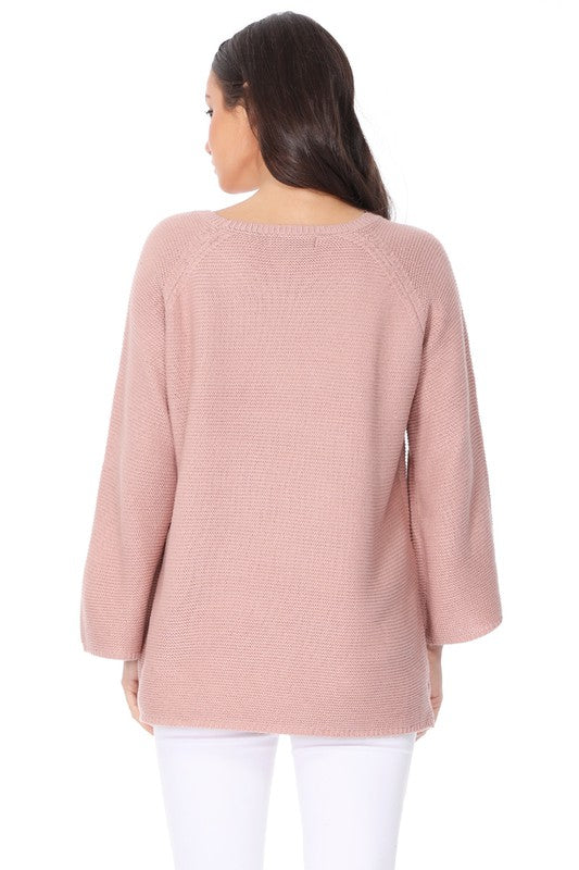 Boat Neck Bell Sleeve High Low Pullover Sweater