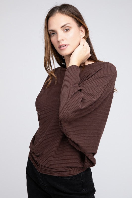 Ribbed Batwing Long Sleeve Boat Neck Sweater